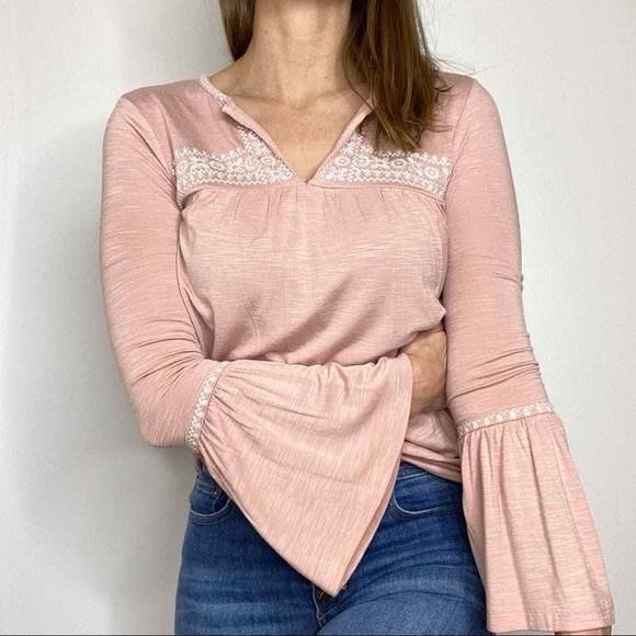 Meadow Rue Tops - Anthropologie Meadow Rue‎ Blush Pink Bell Sleeve Embroidered Blouse Top Size XS